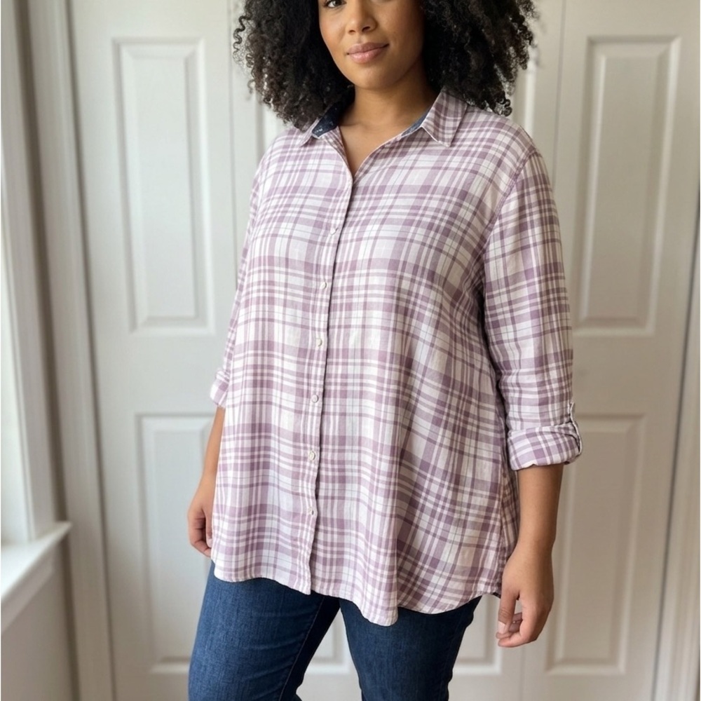 Jachs Girlfriend Pink/Purple Plaid Pearl Snap Button Soft A-Line Top Sz XL